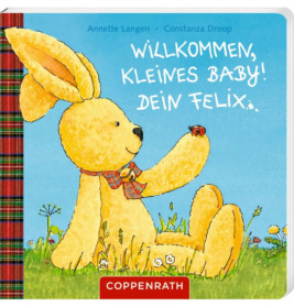 Illustration eines gelben Plüschhasen mit Marienkäfer auf der Pfote, sitzend im Gras unter blauem Himmel.