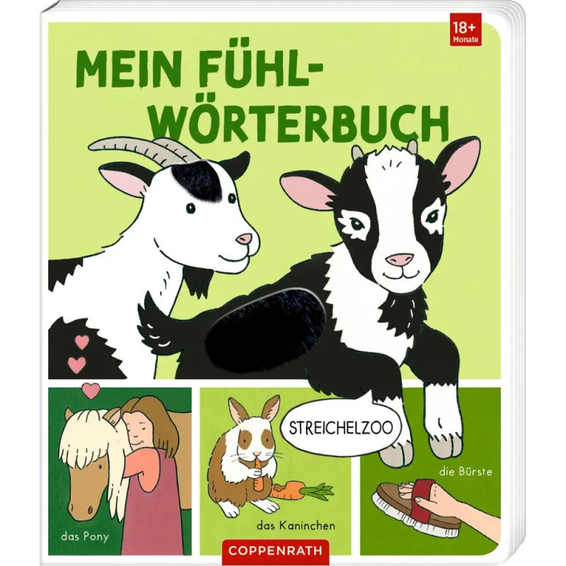 Tastbuch-Cover mit Zeichnungen von Bauernhoftieren und deutschen Beschreibungen.