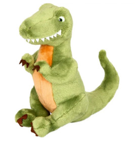 Grünes Plüsch-Dinosaurier-Spielzeug mit orangefarbenem Bauch, weißen Zähnen und kleinen Armen, sitzt aufrecht.