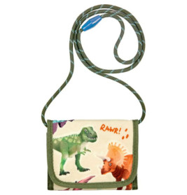 Kleine Umhängetasche mit grünem Gurt, Cartoon-Dinosauriern und RAWR! auf der Vorderklappe.