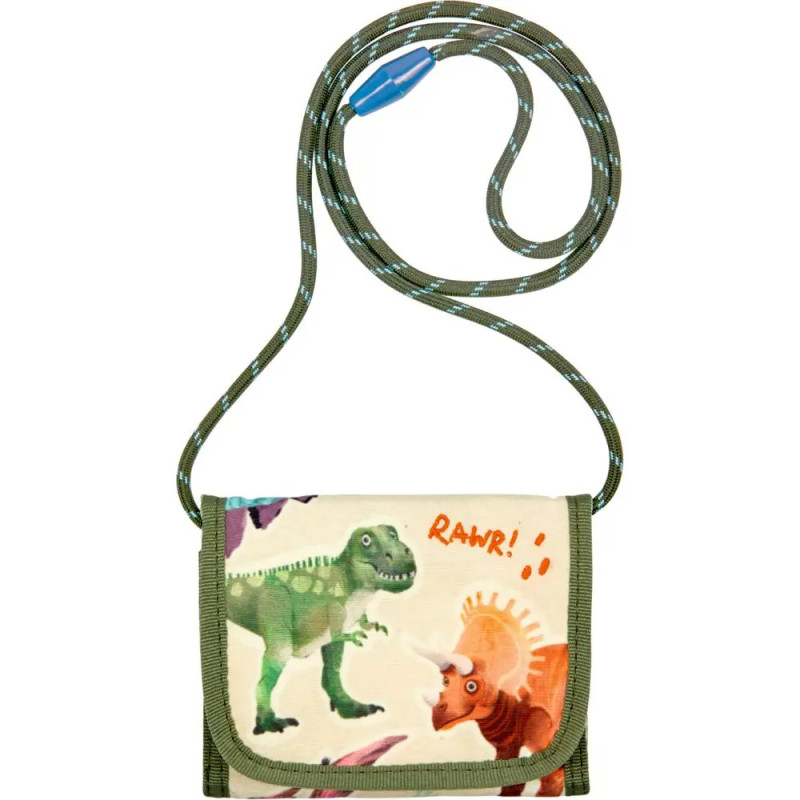 Kleine Umhängetasche mit grünem Gurt, Cartoon-Dinosauriern und RAWR! auf der Vorderklappe.