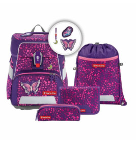 Lila-pinkes Schulranzen-Set mit Schmetterlingsmotiv, passender Federmappe, Geldbörse und Sportbeutel.