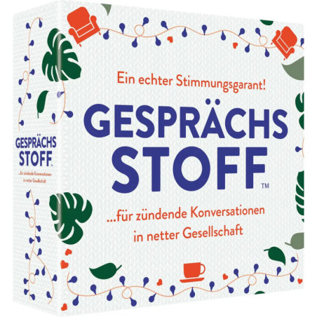 Box des deutschen Gesprächskartenspiels Gesprächsstoff mit Illustrationen von Pflanzen und Möbeln.