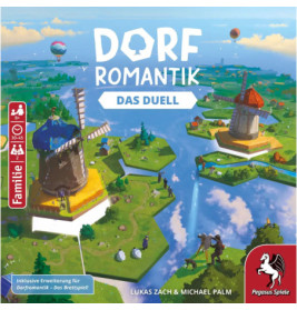 Bunte Brettspielbox mit zwei Windmühlen, sechseckigen Landfeldern, Flüssen und Dorfromantik: Der Duell-Titel.