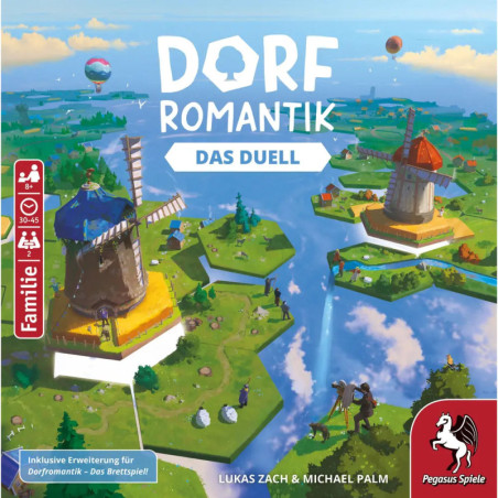Bunte Brettspielbox mit zwei Windmühlen, sechseckigen Landfeldern, Flüssen und Dorfromantik: Der Duell-Titel.