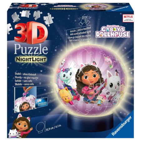 3D Gabbys Dollhouse Puzzle-Nachtlicht in Box mit bunten Katzenfiguren und einem lächelnden Mädchen.