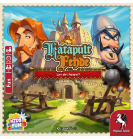 Cartoon-Ritter und eine brennende Burg zieren das Cover des Brettspiels Katapult Fehde von Pegasus Spiele.