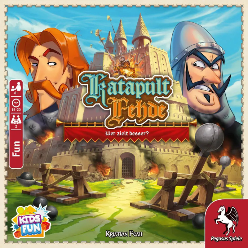 Cartoon-Ritter und eine brennende Burg zieren das Cover des Brettspiels Katapult Fehde von Pegasus Spiele. Cartoon-Ritter und eine brennende Burg zieren das Cover des Brettspiels Katapult Fehde von Pegasus Spiele.