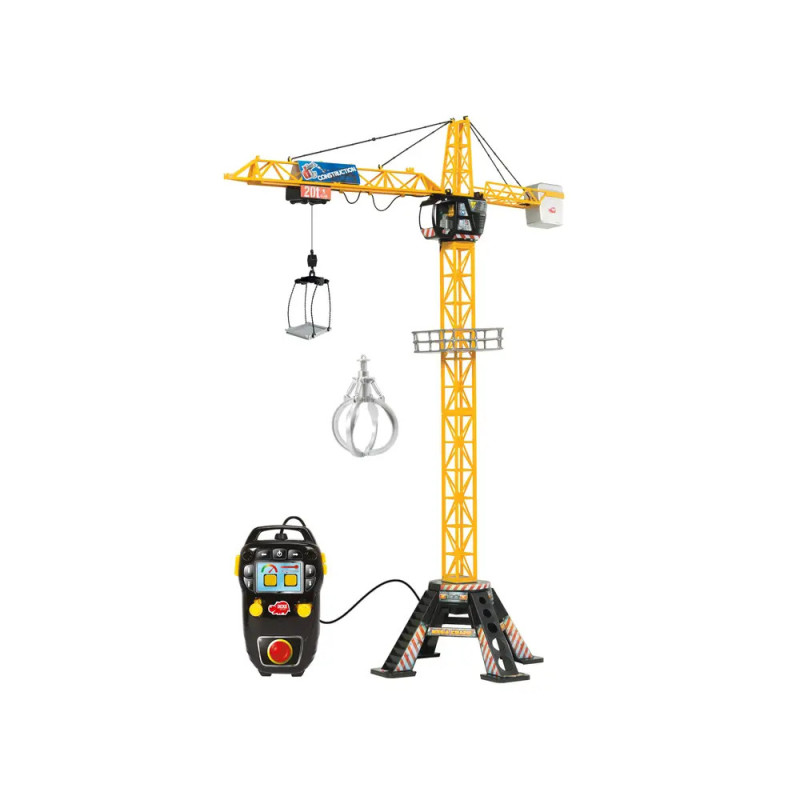 Gelber Spielzeug-Baukran mit Fernbedienung und Greifklaue zum Anheben von Gegenständen. Gelber Spielzeug-Baukran mit Fernbedienung und Greifklaue zum Anheben von Gegenständen.