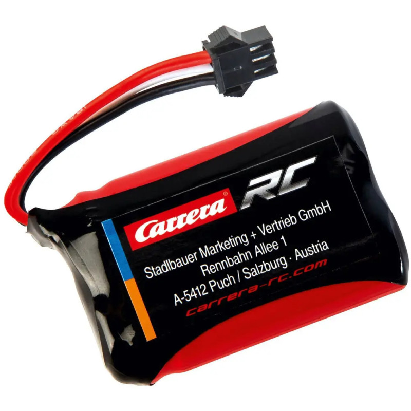 Carrera RC Akku mit rot-schwarzem Etikett und schwarzem Anschlusskabel. Carrera RC Akku mit rot-schwarzem Etikett und schwarzem Anschlusskabel.