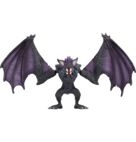 Ein Spielzeug-Fledermausmonster mit großen lila Flügeln, roten Augen und spitzen Zähnen steht bedrohlich da.