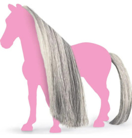 Pinke Pferdesilhouette mit langer silbergrauer Mähne und Schweif vor weißem Hintergrund.