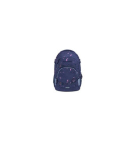 Dunkelblauer Rucksack mit rosa Sprenkeln, Front- und Seitentaschen vor weißem Hintergrund.