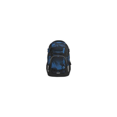 Blauer und schwarzer Rucksack mit abstraktem Muster, frontal vor weißem Hintergrund fotografiert.