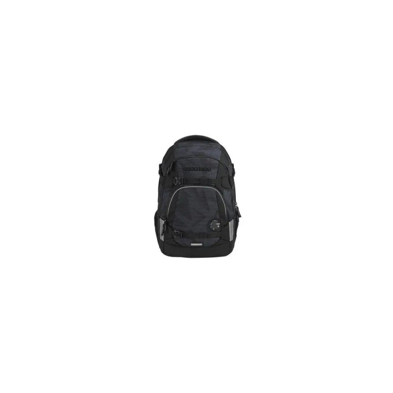 Schwarzer Rucksack mit mehreren Fächern und verstellbaren Gurten vor weißem Hintergrund. Schwarzer Rucksack mit mehreren Fächern und verstellbaren Gurten vor weißem Hintergrund.