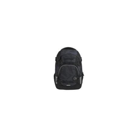 Schwarzer Rucksack mit mehreren Fächern und verstellbaren Gurten vor weißem Hintergrund.