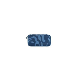 Rechteckige blaue Reißverschlusstasche mit dunkelblauem Camouflage-Muster.