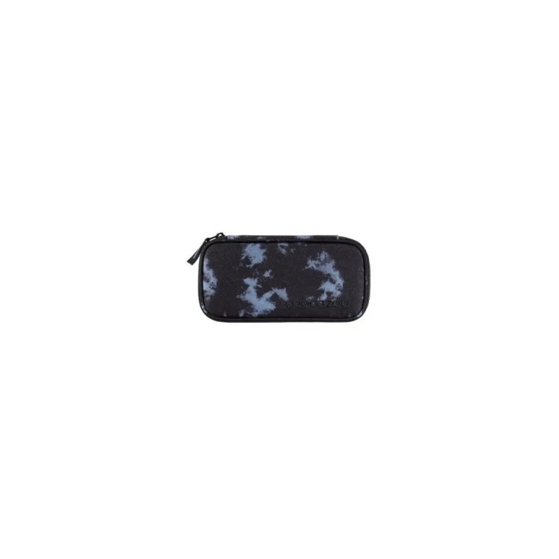 Kleine Reißverschlusstasche mit schwarz-blauem Batikmuster, mittig auf weißem Hintergrund platziert.