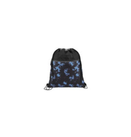 Schwarzer Turnbeutel mit blauem Tie-Dye-Muster und Fronttasche auf weißem Hintergrund.