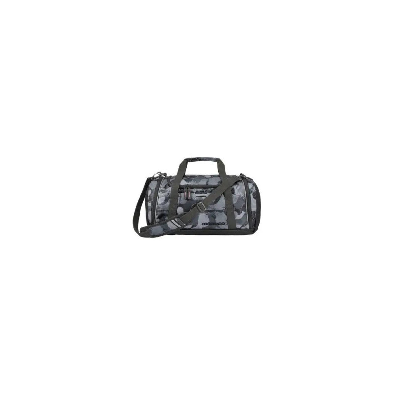 Kleine Tarn-Duffelbag mit Griffen und Schultergurt vor weißem Hintergrund. Kleine Tarn-Duffelbag mit Griffen und Schultergurt vor weißem Hintergrund.
