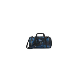 Blau-schwarze Camouflage-Sporttasche mit Schultergurt und Griffen vor weißem Hintergrund.