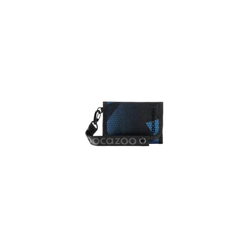 Schwarz-blaues Portemonnaie mit abnehmbarem Riemen, auf dem OCAZOO steht. Schwarz-blaues Portemonnaie mit abnehmbarem Riemen, auf dem OCAZOO steht.