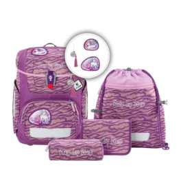 Lila-rosa Schulrucksack-Set mit passender Tasche, Turnbeutel, Federmäppchen und Einhornmotiven.
