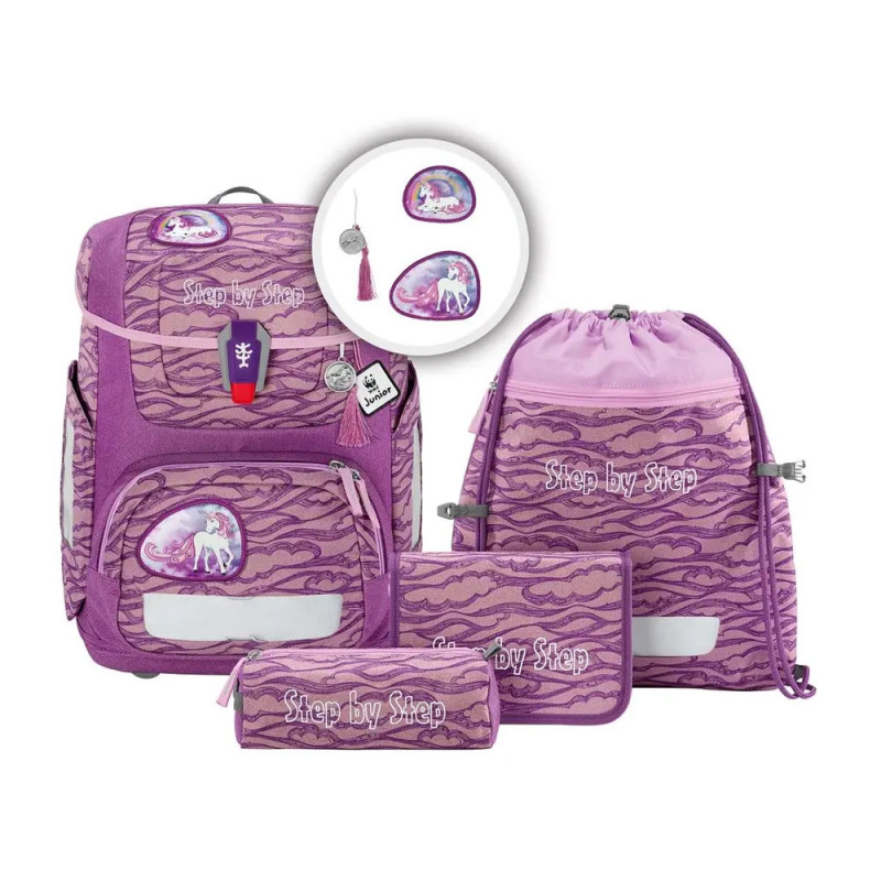 Lila-rosa Schulrucksack-Set mit passender Tasche, Turnbeutel, Federmäppchen und Einhornmotiven. Lila-rosa Schulrucksack-Set mit passender Tasche, Turnbeutel, Federmäppchen und Einhornmotiven.