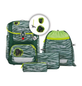 Schulranzen-Set grün-grau gestreift mit Panther-Motiven, Turnbeutel und passenden Accessoires.