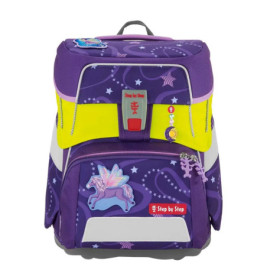 Lila-gelber Kinderrucksack mit Einhorn- und Feen-Aufnähern sowie Sternen- und Wirbelmustern.