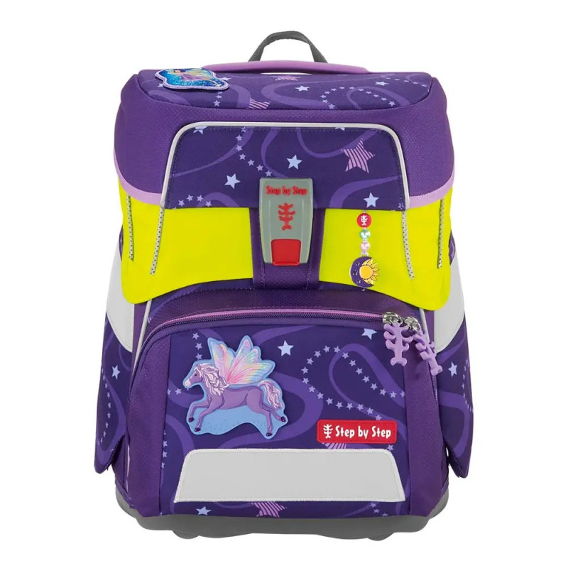 Lila-gelber Kinderrucksack mit Einhorn- und Feen-Aufnähern sowie Sternen- und Wirbelmustern.