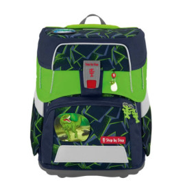 Navy-grüner Kinder-Rucksack mit Dinosaurier-Patch und geometrischem Muster.