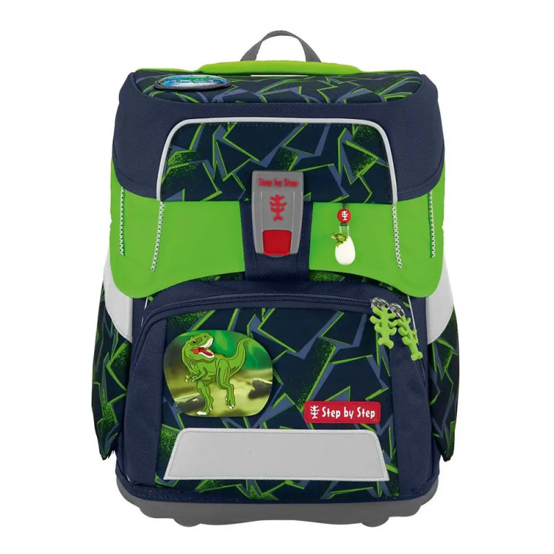 Navy-grüner Kinder-Rucksack mit Dinosaurier-Patch und geometrischem Muster.