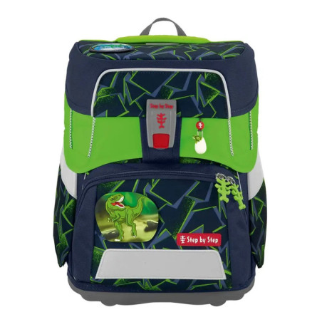 Navy-grüner Kinder-Rucksack mit Dinosaurier-Patch und geometrischem Muster.