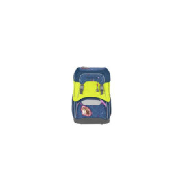 Blauer und gelber Kinder-Rucksack mit Cartoonfigur auf der Fronttasche.