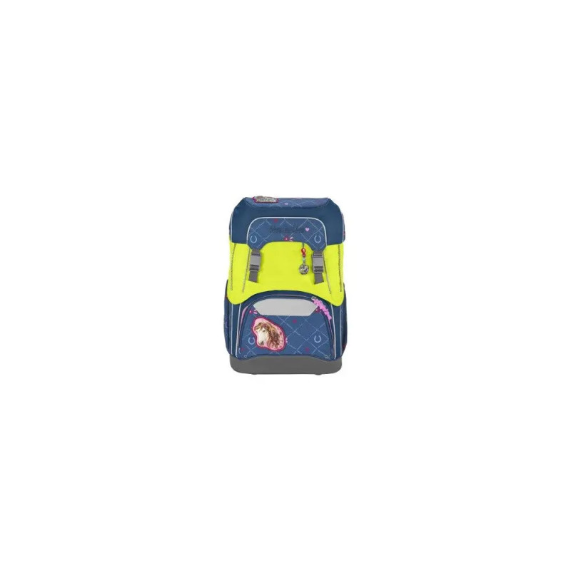 Blauer und gelber Kinder-Rucksack mit Cartoonfigur auf der Fronttasche.