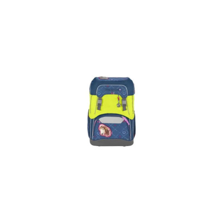 Blauer und gelber Kinder-Rucksack mit Cartoonfigur auf der Fronttasche.
