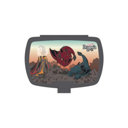 Zwei Cartoon-Drachen, einer rot, einer blau, stehen auf Felsen nahe eines rauchenden Vulkans.