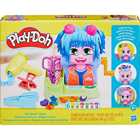 Play-Doh Hair Stylin Salon: Bunte Puppe mit blauen Ton-Haaren und Friseurwerkzeugen auf der Verpackung.