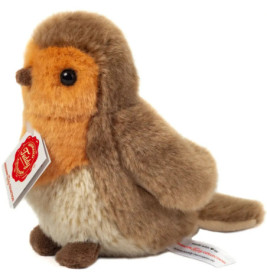 Ein Plüsch-Robin mit braunem, orangem und cremefarbenem Fell sitzt aufrecht, Etiketten sind befestigt.