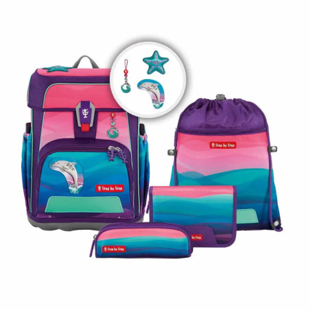 Buntes Schulrucksack-Set mit Delfinmotiv, passendem Turnbeutel, Federmäppchen und Zubehör. Buntes Schulrucksack-Set mit Delfinmotiv, passendem Turnbeutel, Federmäppchen und Zubehör.