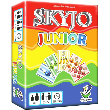 Skyjo Junior: Bunte Spielschachtel mit Cartoonkarten, ab 4 Jahren, für 2-5 Spieler, Spieldauer ca. 10 Minuten.