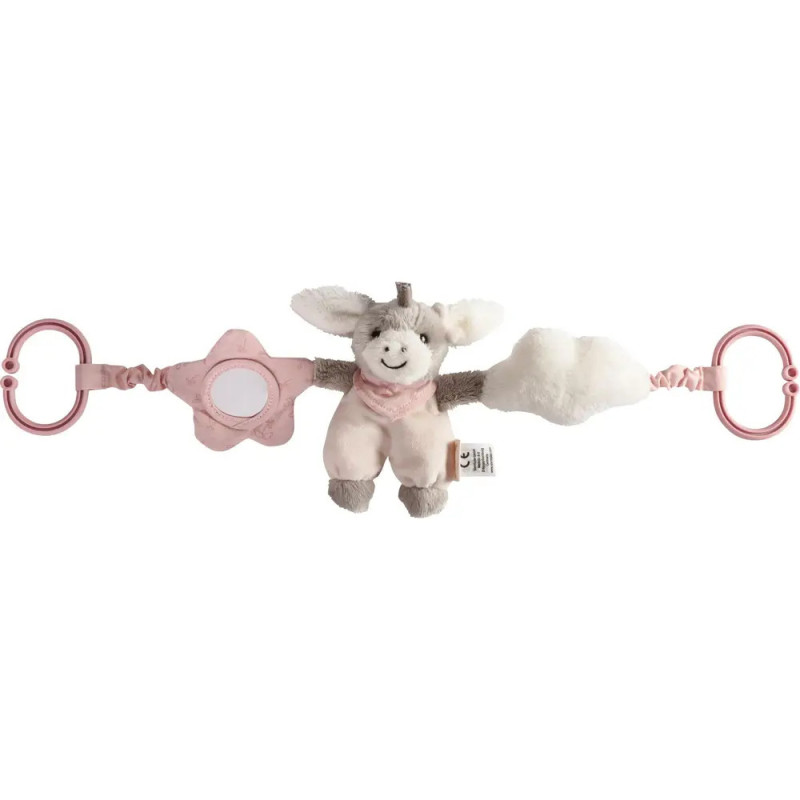 Plüsch-Esel Kinderwagen-Spielzeug mit rosa Clips, sternförmigem Spiegel und weicher Wolke. Plüsch-Esel Kinderwagen-Spielzeug mit rosa Clips, sternförmigem Spiegel und weicher Wolke.