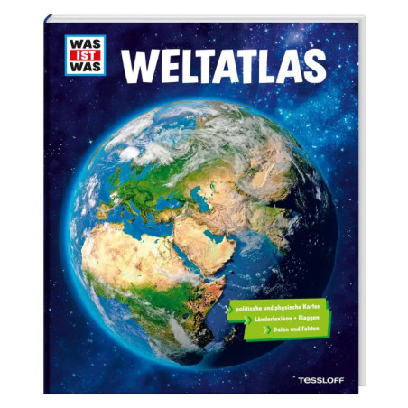 Was ist Was Weltatlas: Buchcover mit Ansicht der Erde aus dem All, Titel in weißen Großbuchstaben. Was ist Was Weltatlas: Buchcover mit Ansicht der Erde aus dem All, Titel in weißen Großbuchstaben.