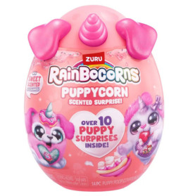 Pinkes Rainbocorns Puppycorn-Spielzeugei mit Hundemotiven und Infos über duftende Überraschungen im Inneren.