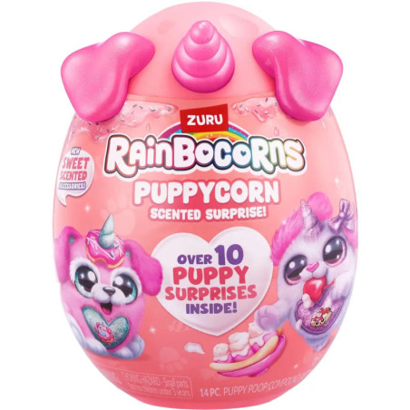 Pinkes Rainbocorns Puppycorn-Spielzeugei mit Hundemotiven und Infos über duftende Überraschungen im Inneren.