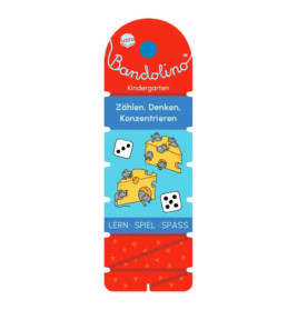 Rote Bandolino-Karte mit Käse, Mäusen, Würfeln und deutschem Text zu Zählen, Denken und Konzentration.