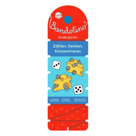 Rote Bandolino-Karte mit Käse, Mäusen, Würfeln und deutschem Text zu Zählen, Denken und Konzentration.