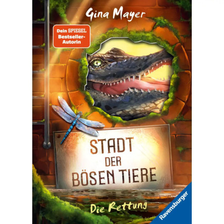 Buchcover: Ein Krokodil schaut durch ein Loch, daneben eine Libelle und der Titel Stadt der bösen Tiere.