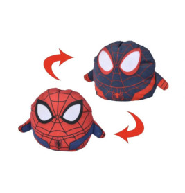 Wendbares Spider-Man-Plüschtier mit zwei Designs, Pfeile zeigen das Umdrehen des Spielzeugs.